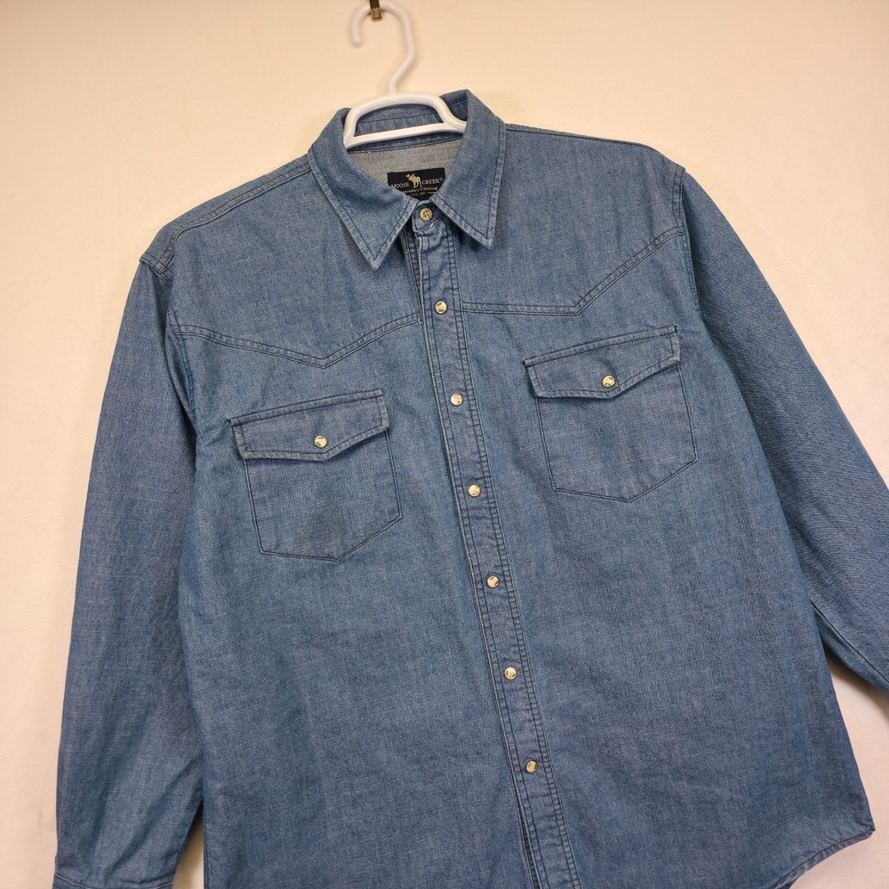 Moose Creek‎ Shirt Mens L Blue Snap Button Heavyweight Denim Western Ranch Work